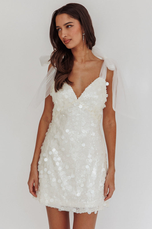 Mykonos Morning Mini abito bianco con paillettes e spalle legate