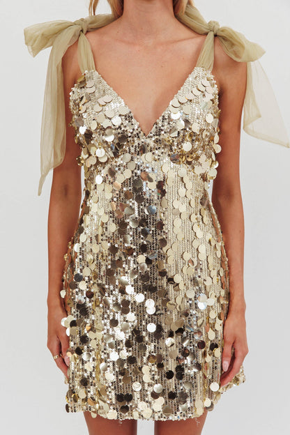 Mykonos Morning Mini abito con paillettes e spalle legate color oro