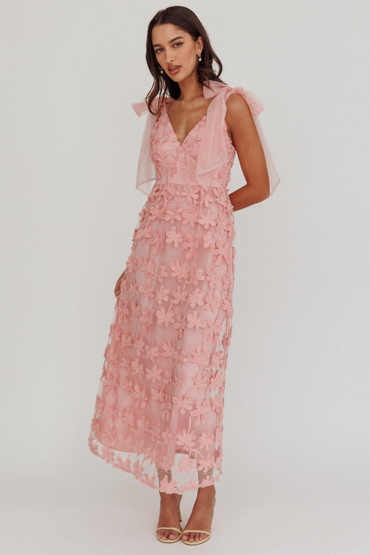 Abito lungo con spalle annodate e motivo ad albero Mykonos Morning Blush