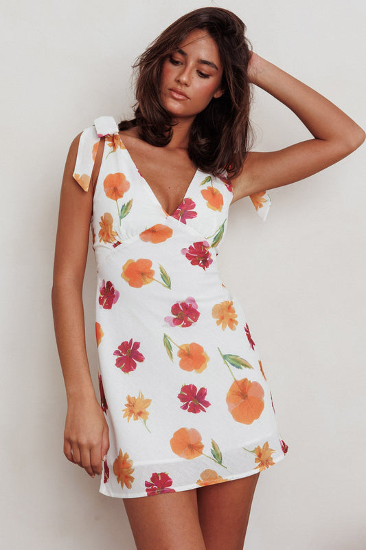 Mykonos Morning Mini abito con spalle legate e fiori arancioni