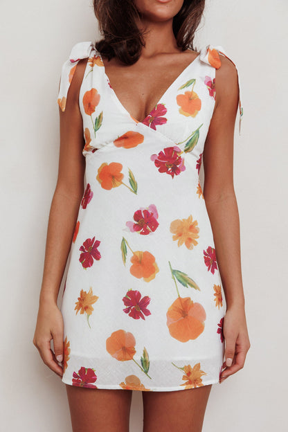 Mykonos Morning Mini abito con spalle legate e fiori arancioni
