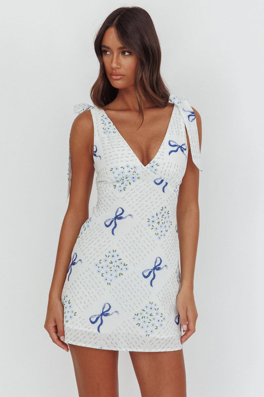 Mykonos Morning Mini abito con spalle annodate e fiocchi blu