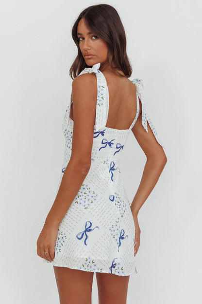 Mykonos Morning Mini abito con spalle annodate e fiocchi blu