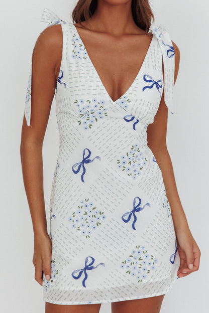Mykonos Morning Mini abito con spalle annodate e fiocchi blu