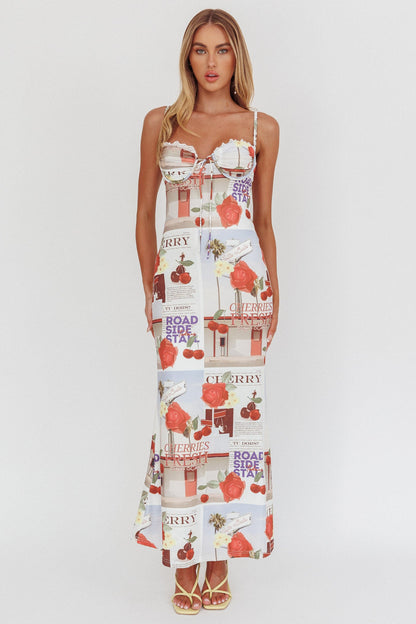 Abito lungo con stampa ciliegia Fortune Bust Tie