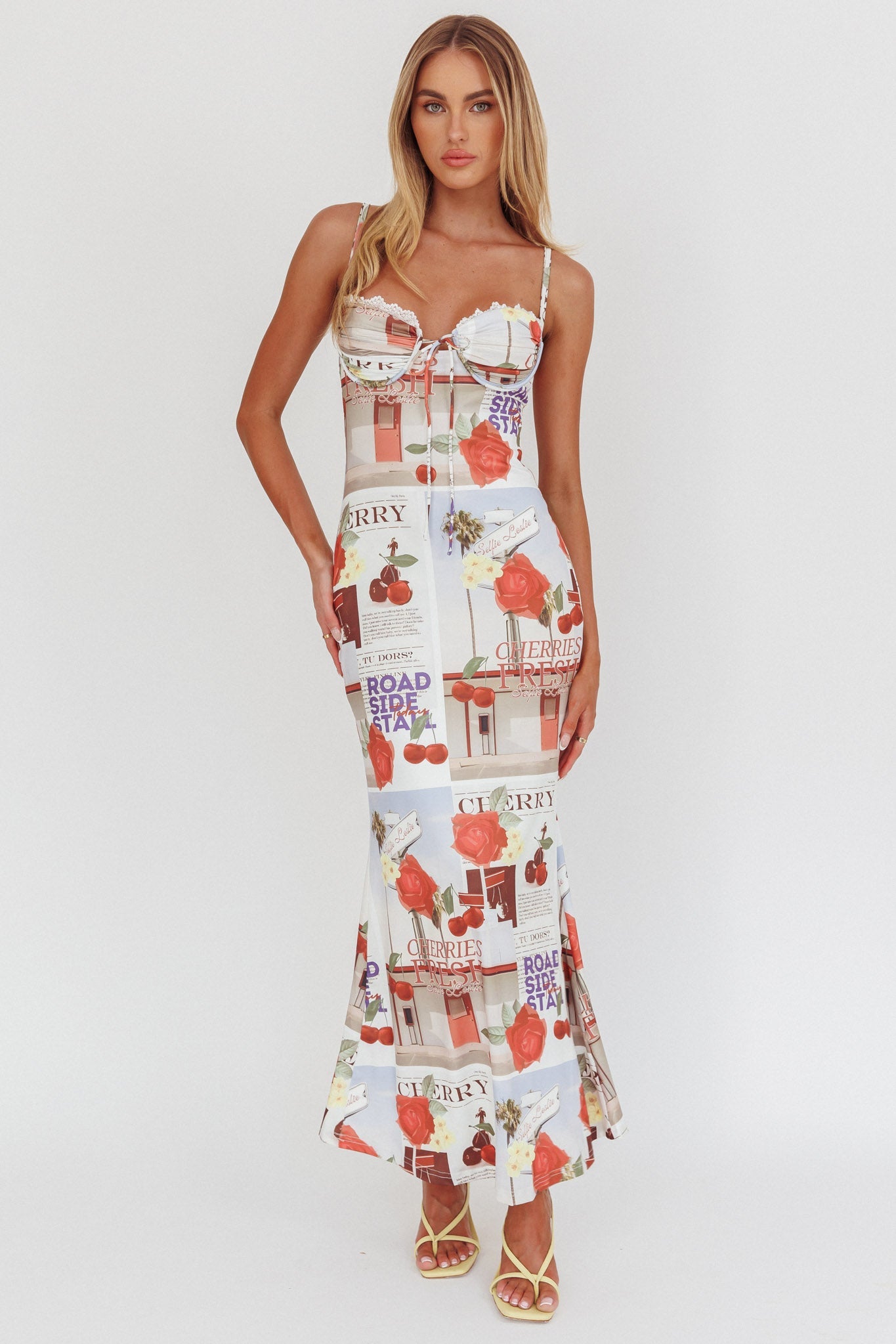Abito lungo con stampa ciliegia Fortune Bust Tie
