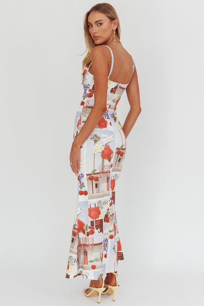 Abito lungo con stampa ciliegia Fortune Bust Tie