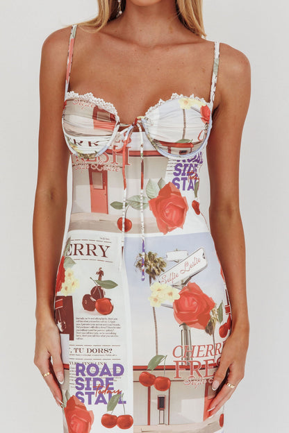 Abito lungo con stampa ciliegia Fortune Bust Tie