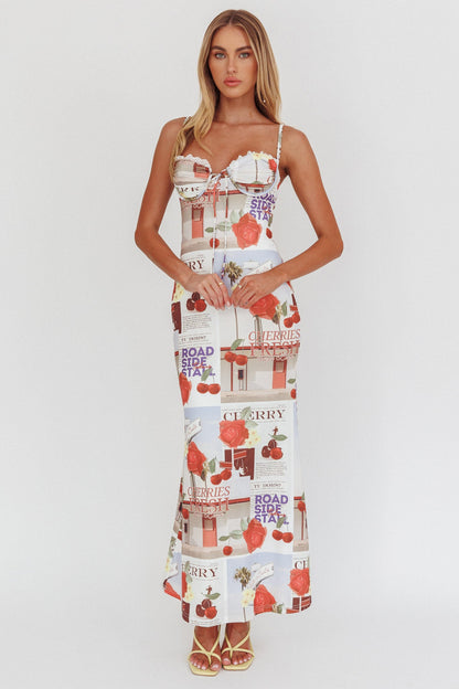Abito lungo con stampa ciliegia Fortune Bust Tie
