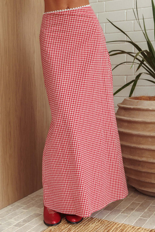 Gonna lunga con bordi in pizzo Summer Cottage a quadri rossi