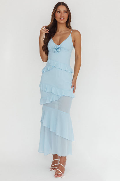 Abito lungo con rosette e volant Marlie blu