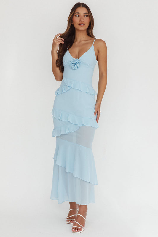 Abito lungo con rosette e volant Marlie blu