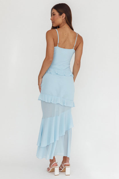 Abito lungo con rosette e volant Marlie blu