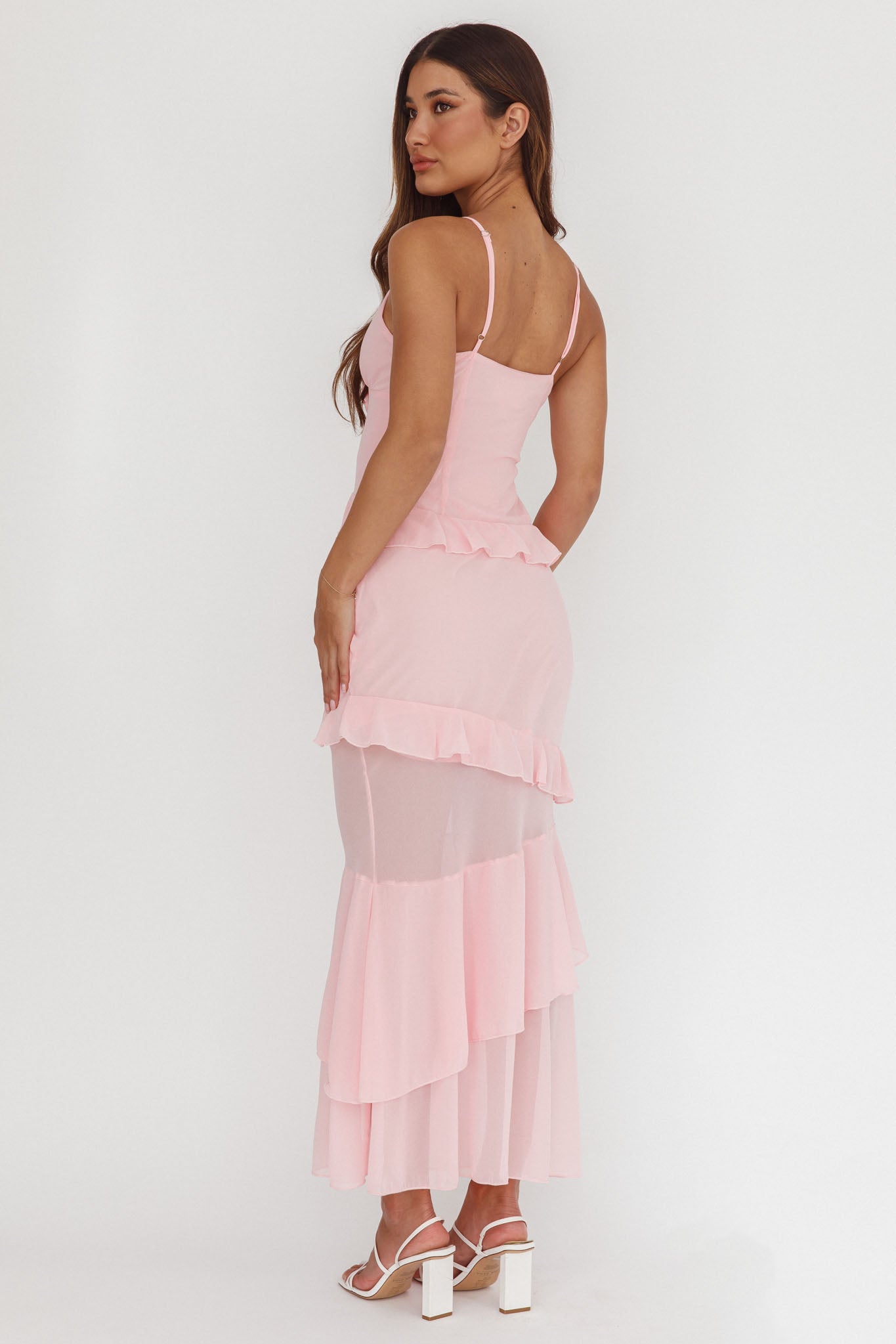 Abito lungo con rosette e volant Marlie Blush