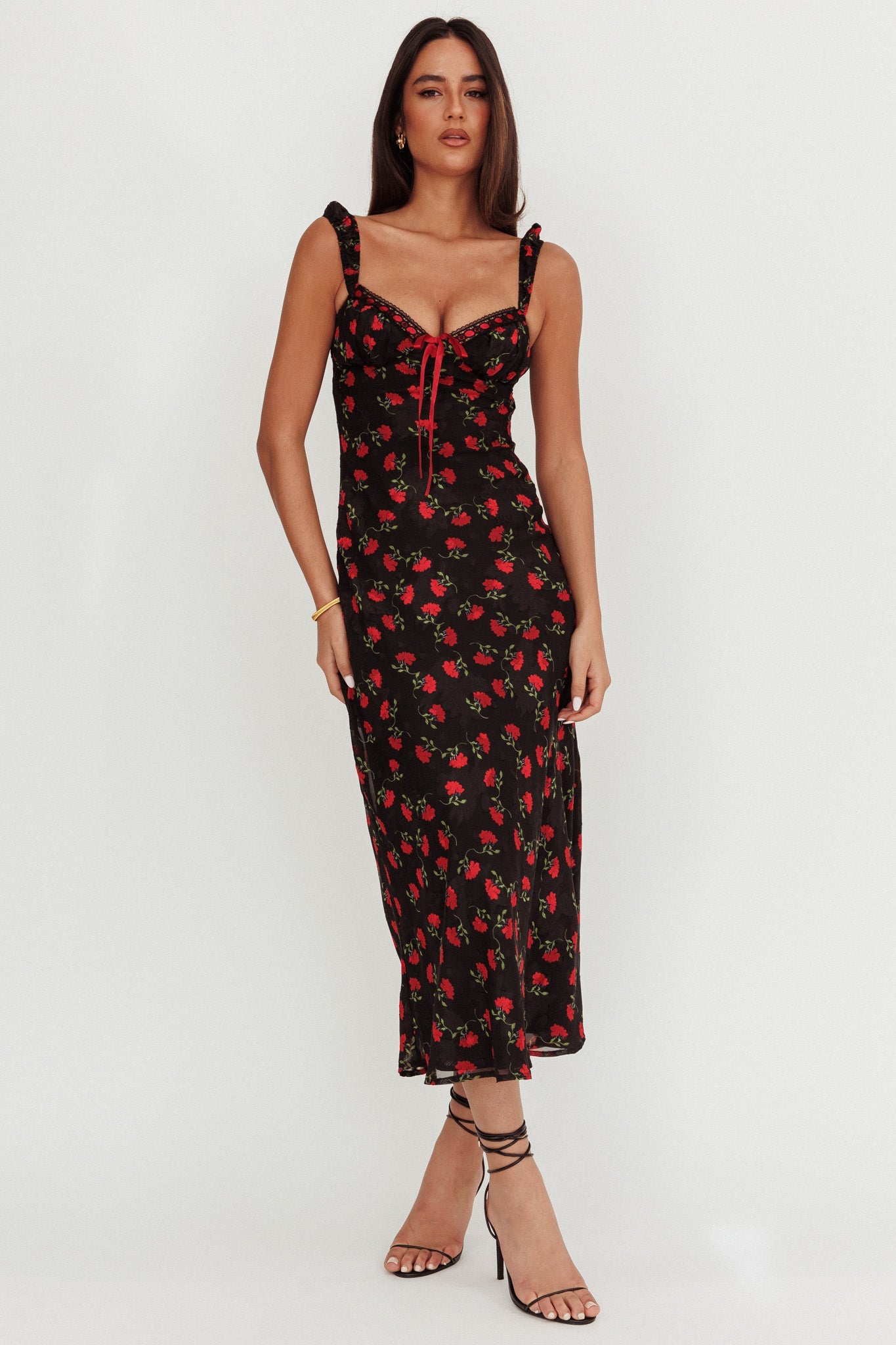 Abito lungo con rifiniture in nastro Femme Belle floreale nero