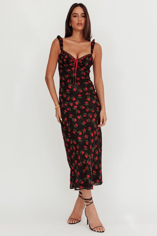 Abito lungo con rifiniture in nastro Femme Belle floreale nero