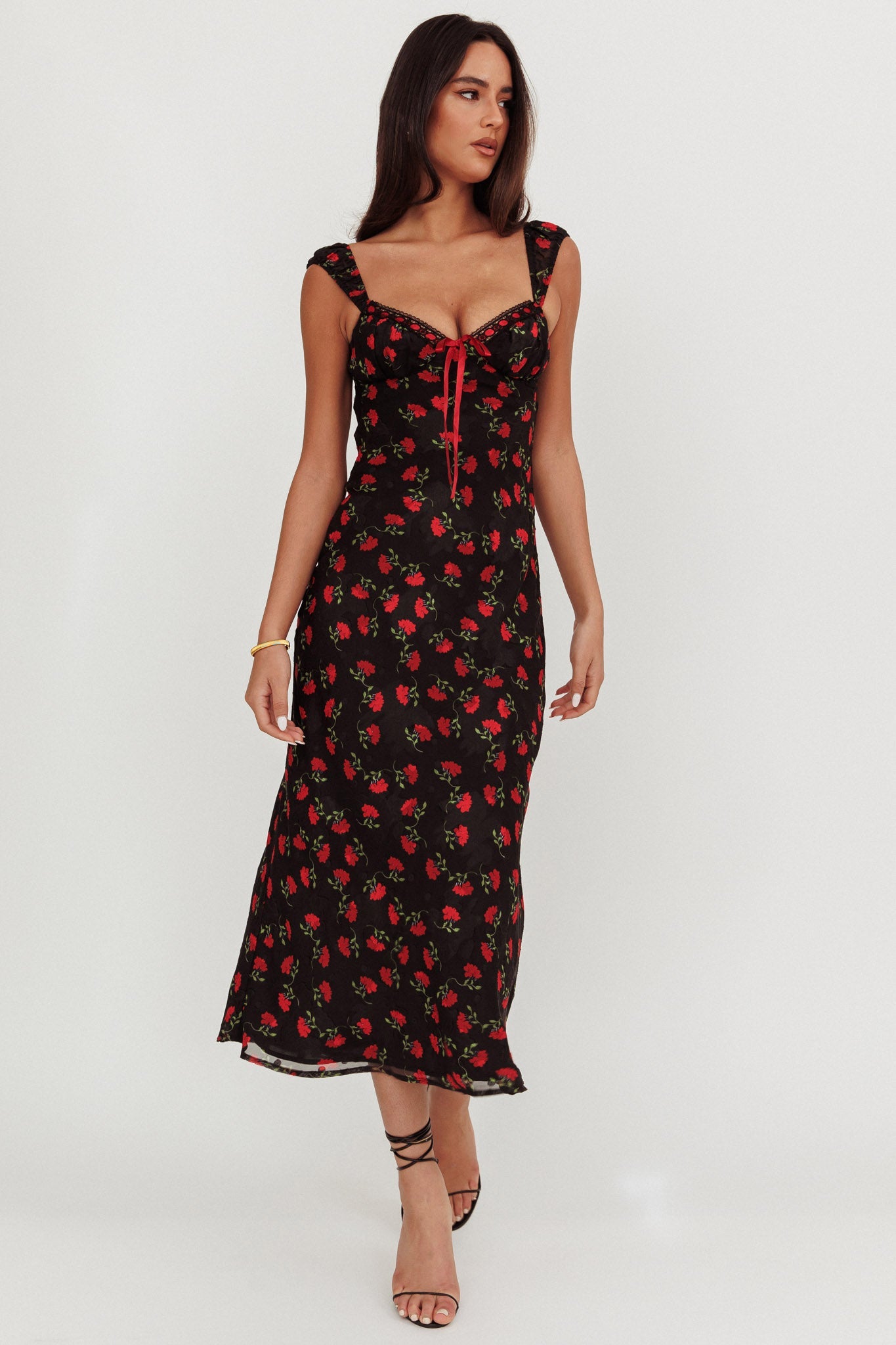 Abito lungo con rifiniture in nastro Femme Belle floreale nero