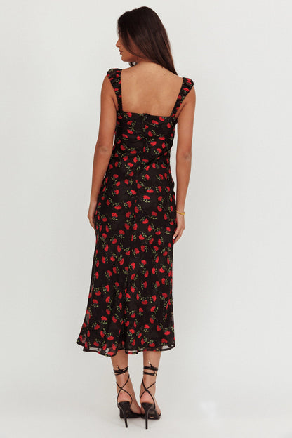 Abito lungo con rifiniture in nastro Femme Belle floreale nero