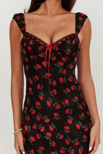 Abito lungo con rifiniture in nastro Femme Belle floreale nero
