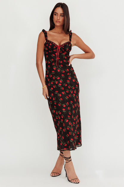 Abito lungo con rifiniture in nastro Femme Belle floreale nero