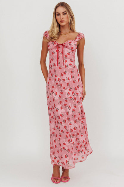 Abito lungo con rifiniture in nastro Femme Belle rosa floreale
