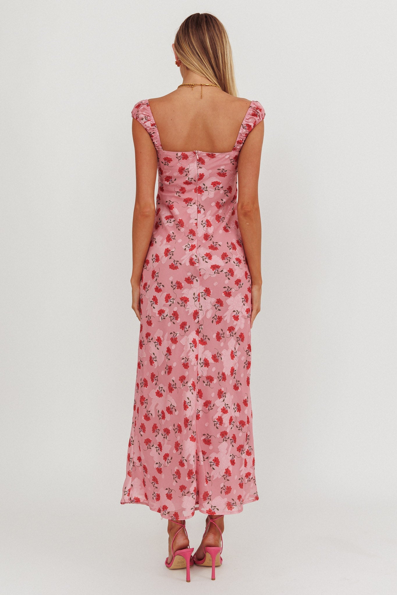 Abito lungo con rifiniture in nastro Femme Belle rosa floreale