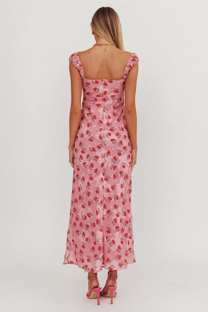 Abito lungo con rifiniture in nastro Femme Belle rosa floreale