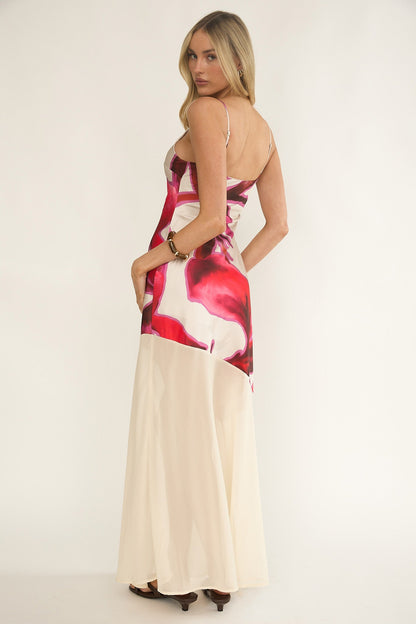 Abito lungo con orlo in chiffon Gilded Dream stampato beige