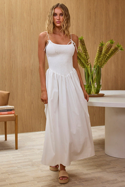 Abito lungo con corpino arricciato Enchanted Leaf bianco