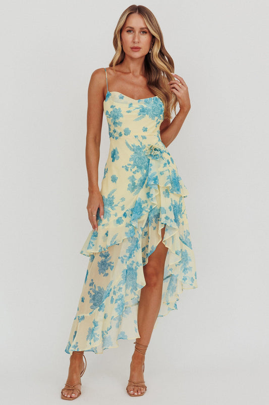 Abito midi con volant e rosetta Chances Floral Lemon