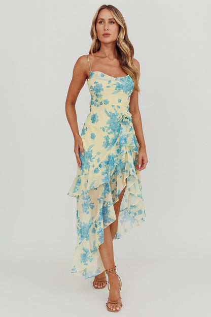 Abito midi con volant e rosetta Chances Floral Lemon