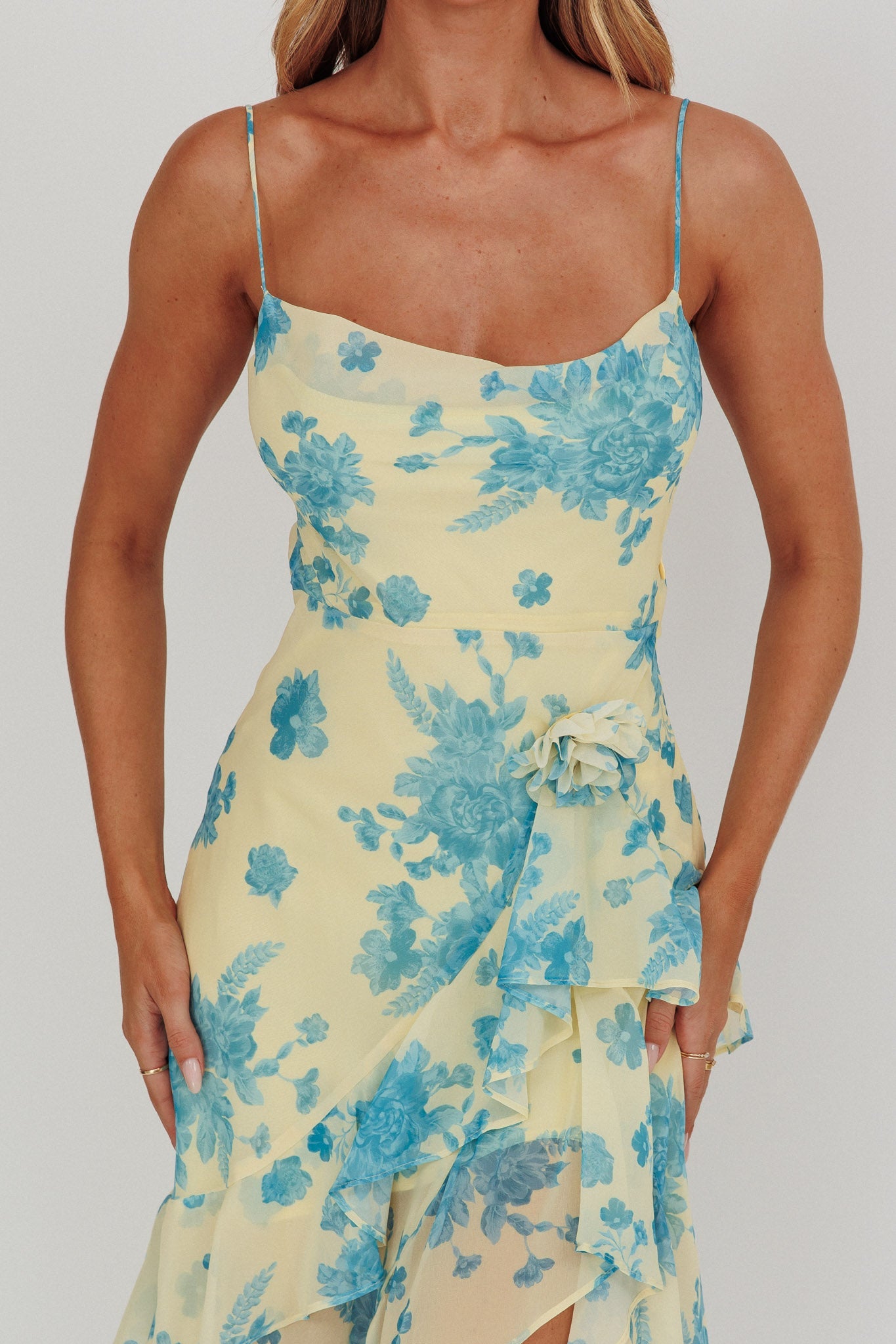 Abito midi con volant e rosetta Chances Floral Lemon