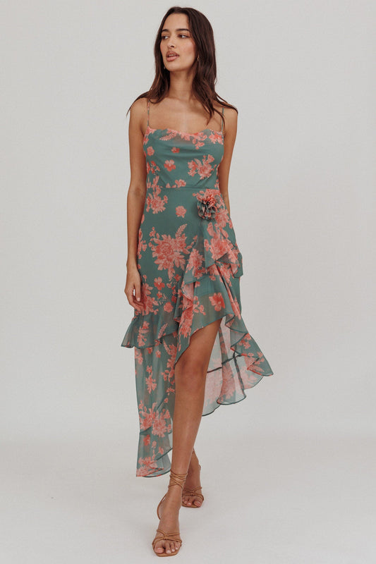 Abito midi con volant e rosetta Chances, floreale, menta