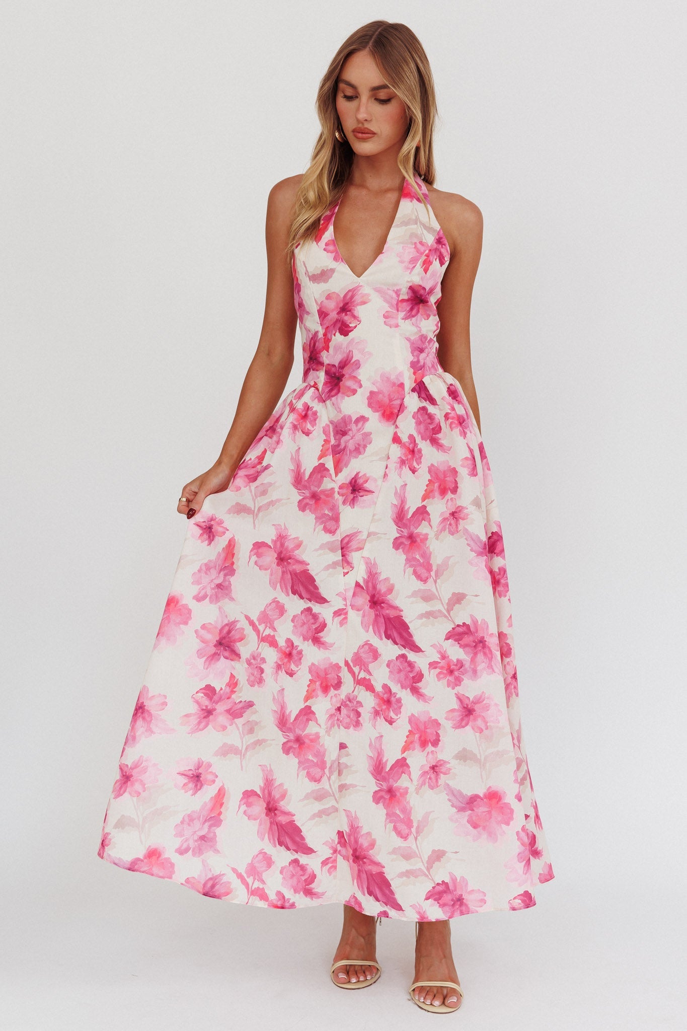 Abito con scollo all'americana El Corazon rosa floreale