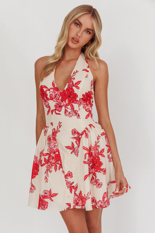 Miniabito El Corazon con scollo all'americana floreale rosso