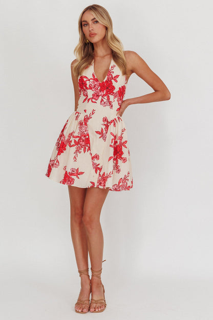 Miniabito El Corazon con scollo all'americana floreale rosso