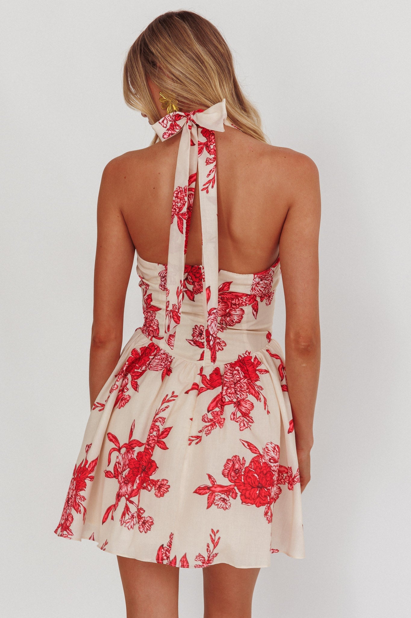 Miniabito El Corazon con scollo all'americana floreale rosso
