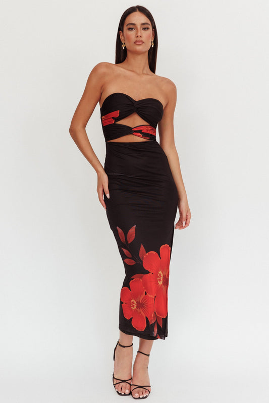 Abito lungo con corpino intrecciato Silah Hibiscus Black