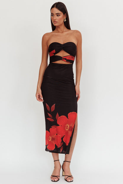 Abito lungo con corpino intrecciato Silah Hibiscus Black