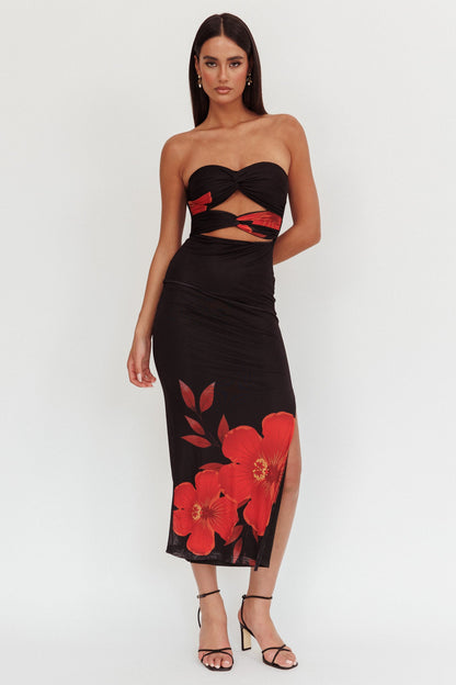 Abito lungo con corpino intrecciato Silah Hibiscus Black