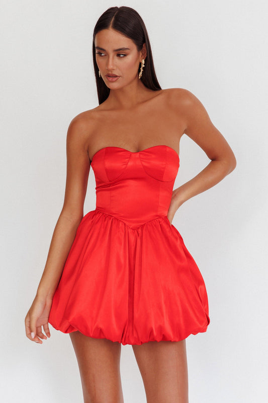 For Love Mini abito rosso con gonna a palloncino senza spalline