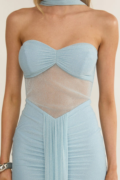 Abito lungo trasparente e scintillante Elma Bandeau blu ghiaccio