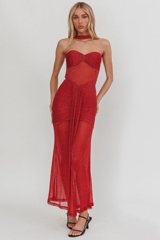 Abito lungo trasparente e scintillante Elma Bandeau rosso
