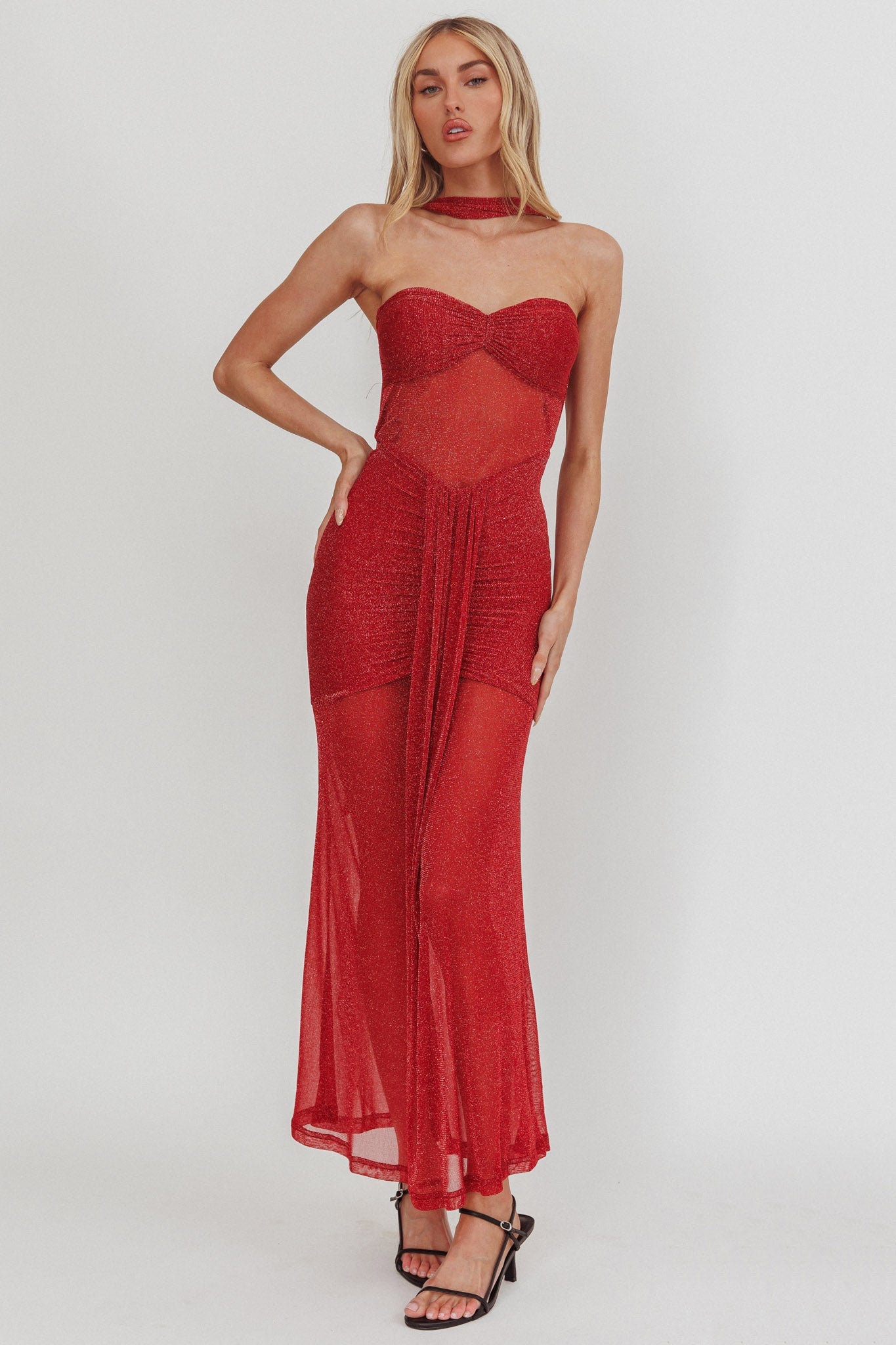 Abito lungo trasparente e scintillante Elma Bandeau rosso