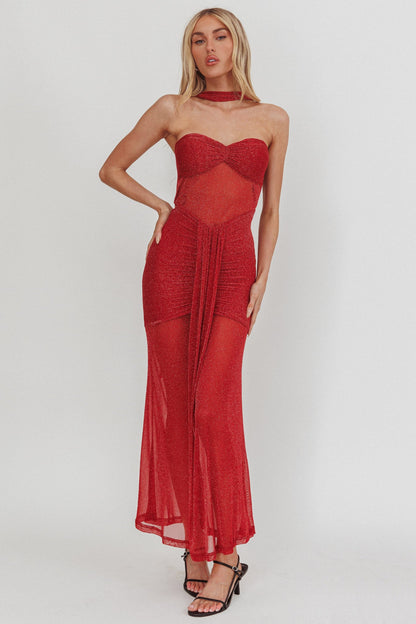 Abito lungo trasparente e scintillante Elma Bandeau rosso