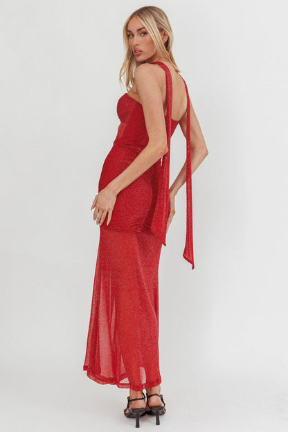 Abito lungo trasparente e scintillante Elma Bandeau rosso