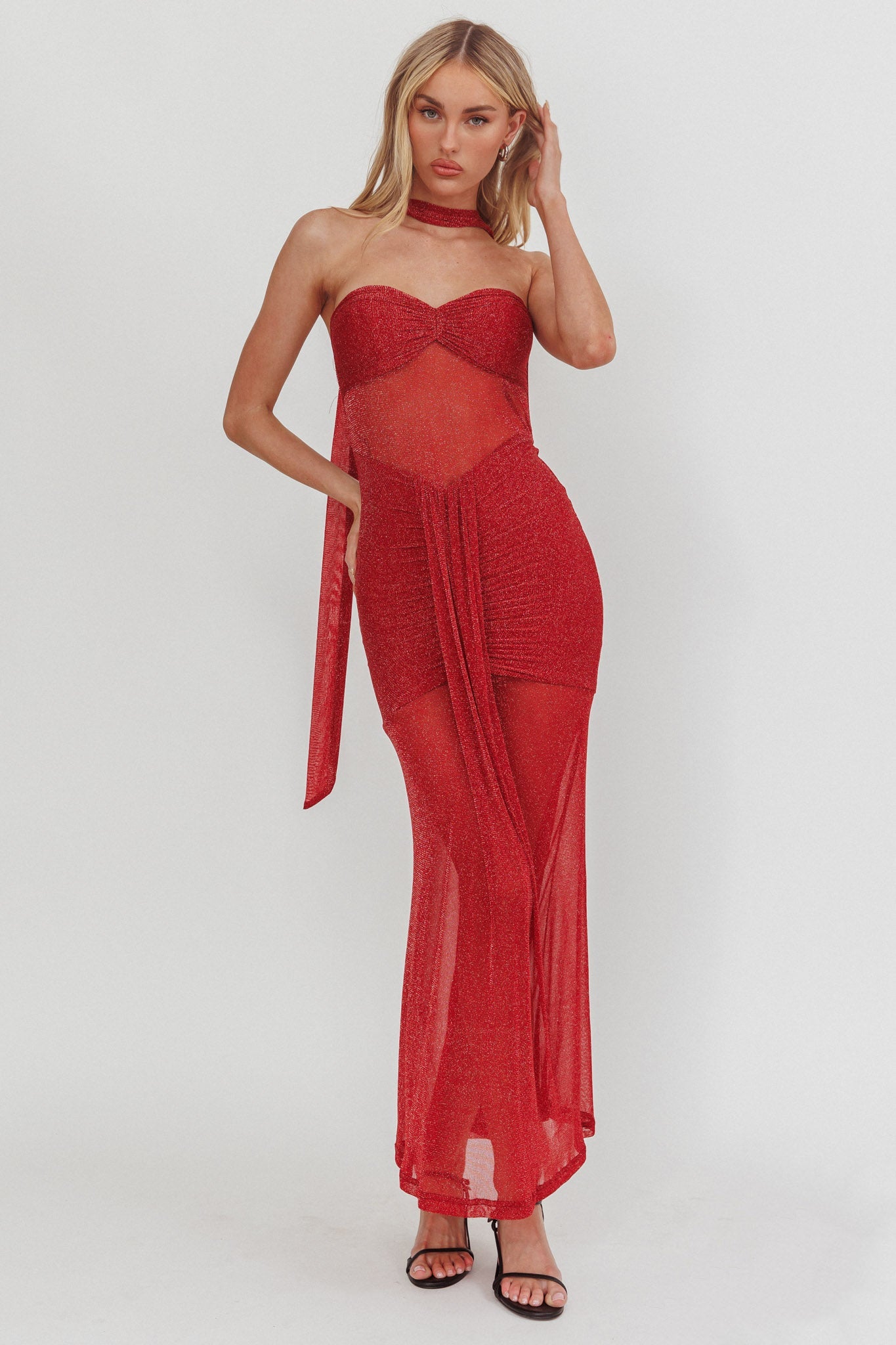 Abito lungo trasparente e scintillante Elma Bandeau rosso