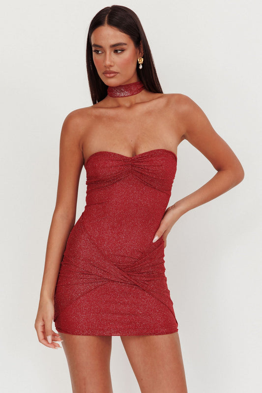 Mini abito rosso con fascia e lacci al collo Elma