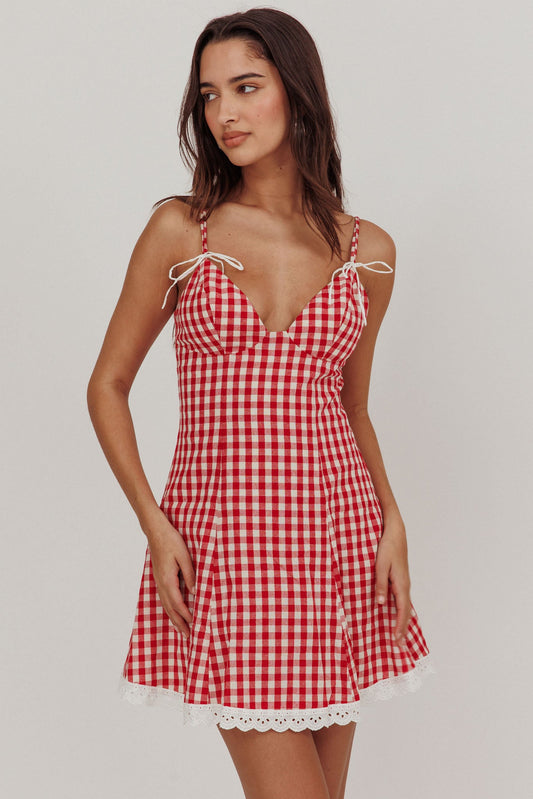 Mini abito con bordi in pizzo Noelle Gingham Red