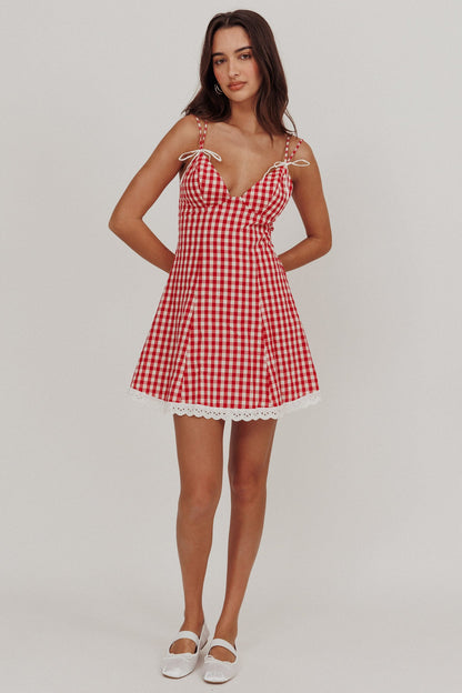 Mini abito con bordi in pizzo Noelle Gingham Red